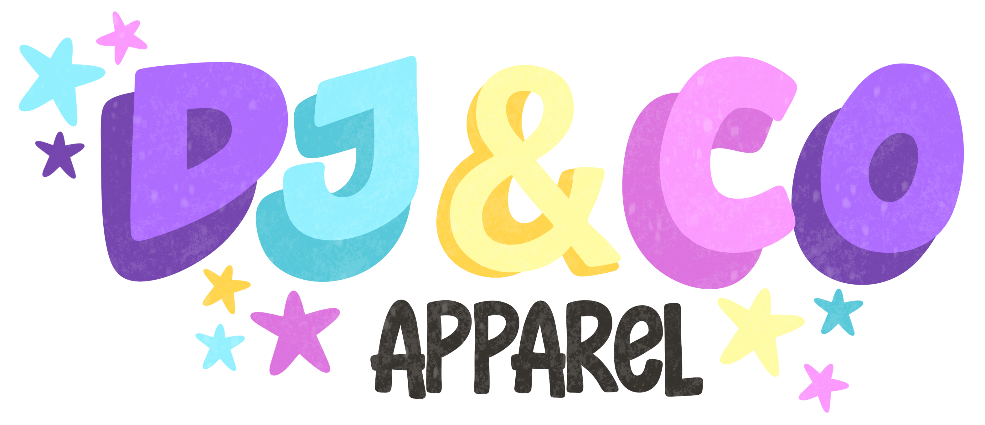 Colorful logo for DJ & Co Apparel with stars on a white background