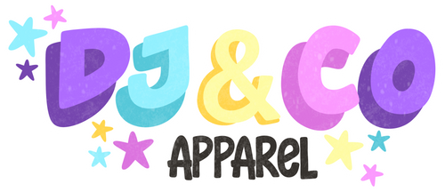 Colorful logo for DJ & Co Apparel with stars on a white background