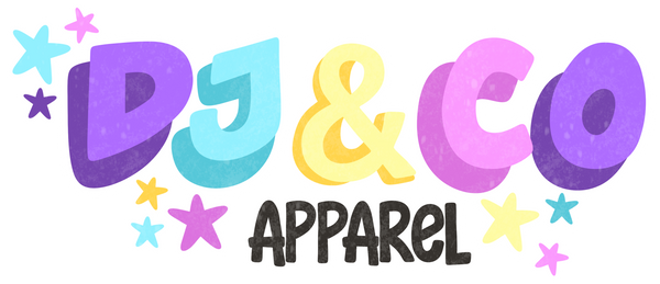 Colorful logo for DJ & Co Apparel with stars on a white background